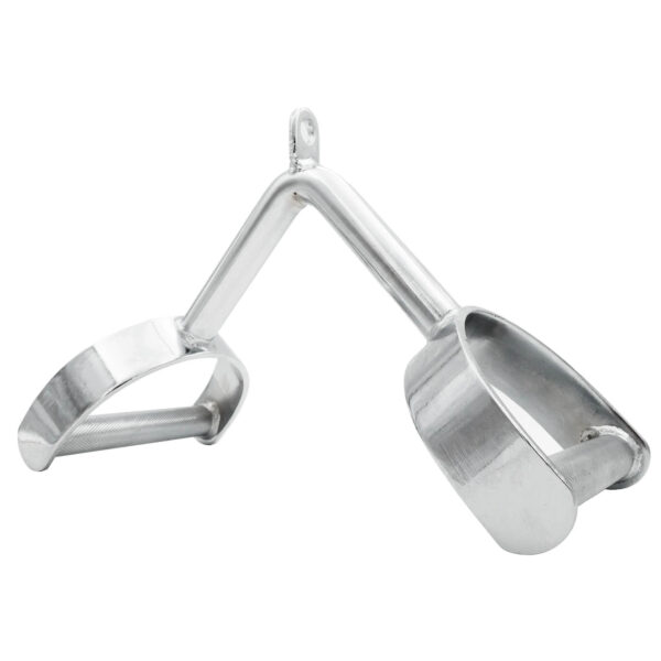 The Power Maxx Wide Row Handle is a polished metal stirrup with two foot loops connected by a central bar, featuring a small loop at the top for attaching to a saddle.
