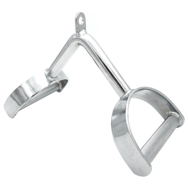 The Power Maxx Wide Row Handle is a silver metal exercise tool for cable machines, featuring two textured grip handles connected by an angled central bar, with each handle forming a loop.