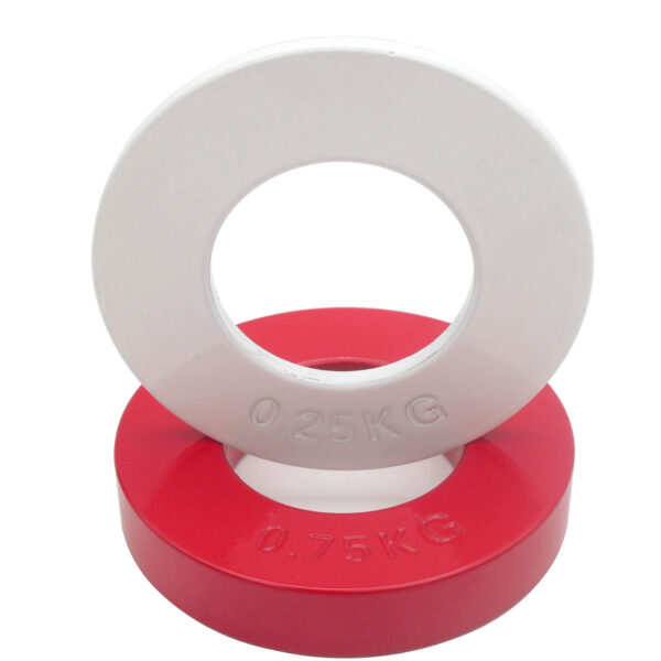 Two fractional plates from the Power Maxx Olympic 5kg Fractional Plate Set, one white (0.25 KG) and one red (0.75 KG), are stacked. Both have central holes for easy stacking and adjustments.