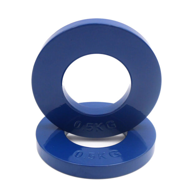 Two blue circular Power Maxx Olympic 5kg Fractional Plate Set plates, labeled 0.5 KG, are ideal for incremental workout adjustments. One plate stands upright against the other, lying flat on a pristine white surface.
