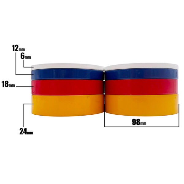 The Power Maxx Olympic 5kg Fractional Plate Set includes two stacks of vibrant blue, red, and yellow fractional plates with top two at 6mm and 12mm, middle two at 18mm, and bottom two at 24mm. Each stack is 98mm wide for precision in any project.