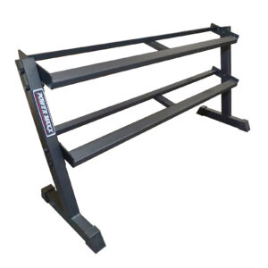 The 2 Tier Rubber Hex Dumbbell Rack, designed in black metal with sturdy legs and a minimalistic style, resembles a keyboard stand for electronic keyboards or synthesizers.