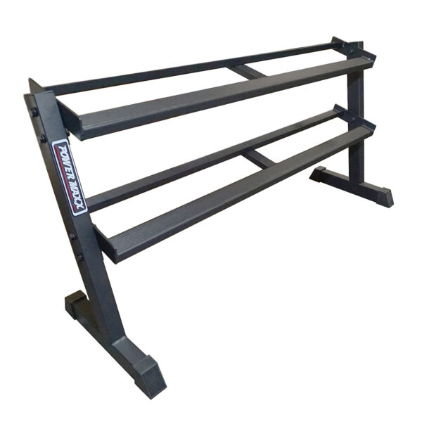 The 2 Tier Rubber Hex Dumbbell Rack, designed in black metal with sturdy legs and a minimalistic style, resembles a keyboard stand for electronic keyboards or synthesizers.