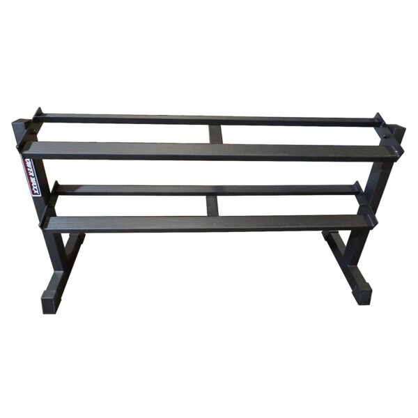 The 2-tier black metal keyboard stand, perfect for musical or audio equipment, mimics the design of the 2 Tier Rubber Hex Dumbbell Rack. Its sturdy minimalist frame provides adjustable height and width to keep gear organized and accessible.