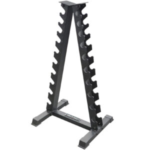 The sleek Power Maxx Vertical Dumbbell A Stand, featuring multiple slots for weights, stands in black against a crisp white backdrop.