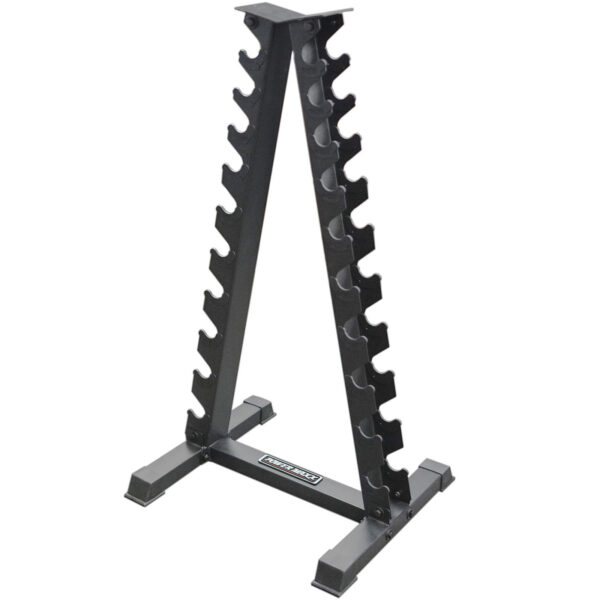 The sleek Power Maxx Vertical Dumbbell A Stand, featuring multiple slots for weights, stands in black against a crisp white backdrop.