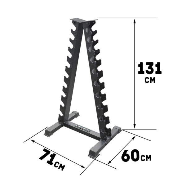 The Power Maxx Vertical Dumbbell A Stand is a black metal rack with nine slots per side, measuring 131 cm tall and featuring a 71 cm by 60 cm base, perfect for efficiently holding multiple dumbbell pairs.