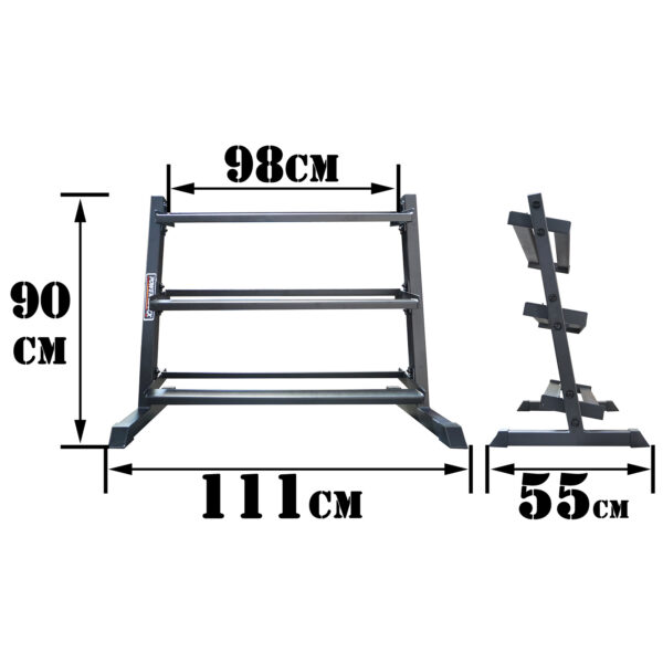 The Power Maxx Compact Hex Dumbbell Rack, designed for efficient dumbbell storage, is shown with dimensions: 98 cm width, 90 cm height, and 111 cm length; the side view highlights a depth of 55 cm.
