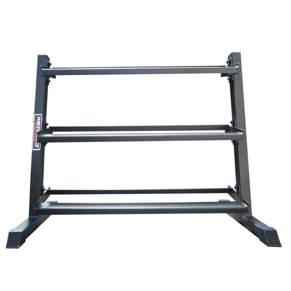 The Power Maxx Compact Hex Dumbbell Rack is a sturdy black, three-tier rack designed to hold various weights. It features angled shelves for stability and easy access, making it an ideal space-saving addition to any gym setup.