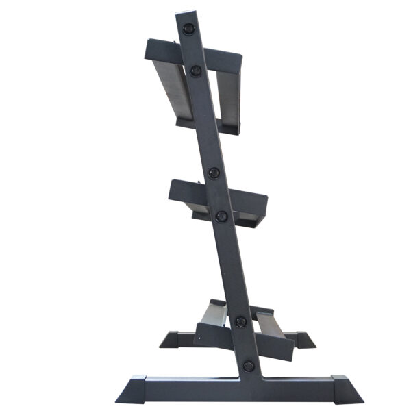 The Power Maxx Compact Hex Dumbbell Rack, a black metal unit with three angled shelves for various dumbbell sizes, features a sturdy and space-saving design ideal for home or gym. It is photographed empty against a white background.
