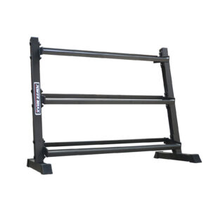 The Power Maxx Compact Hex Dumbbell Rack is a three-tier black metal rack showcasing the brand logo on the side. Its designed to hold various dumbbells, featuring a sturdy frame and set against a plain white background.