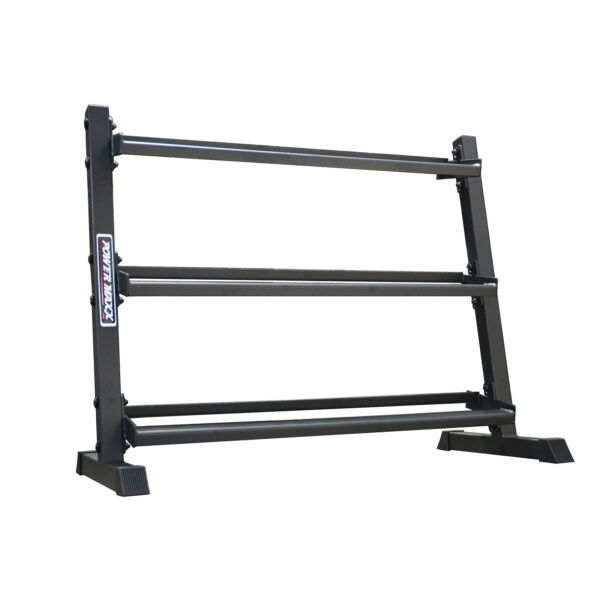 The Power Maxx Compact Hex Dumbbell Rack is a three-tier black metal rack showcasing the brand logo on the side. Its designed to hold various dumbbells, featuring a sturdy frame and set against a plain white background.