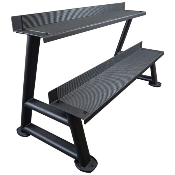 The Power Maxx Kettlebell Rack is a sleek black, two-tier aluminum bleacher with ribbed surfaces and sturdy angled legs on round bases. Its versatile enough for sports events and can also serve as a kettlebell rack for fitness enthusiasts.