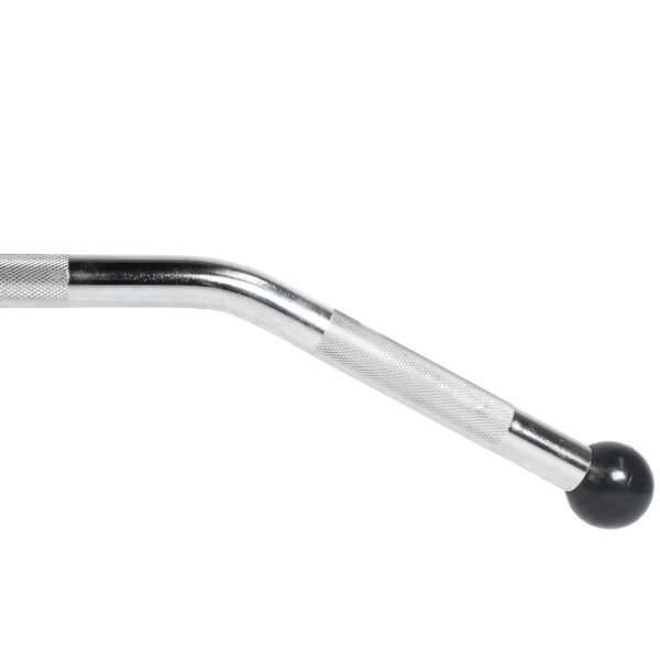 A close-up of the Lat Pulldown Bar features a knurled grip and a black rubber end cap. The metallic bar is slightly angled against a plain white background.