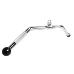The Lat Pulldown Bar is a chrome gym attachment featuring a v-shaped design, two black rubber end caps, a textured grip for secure handling, and a central loop for connecting to fitness equipment.