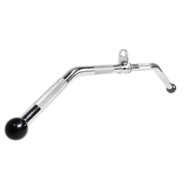 The Lat Pulldown Bar is a chrome gym attachment featuring a v-shaped design, two black rubber end caps, a textured grip for secure handling, and a central loop for connecting to fitness equipment.