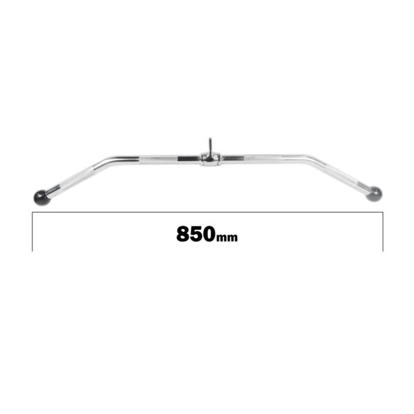 Image of the Lat Pulldown Bar, a long, metal gym attachment with a width of 850mm. It features rubberized grips on both ends and has a central attachment point.