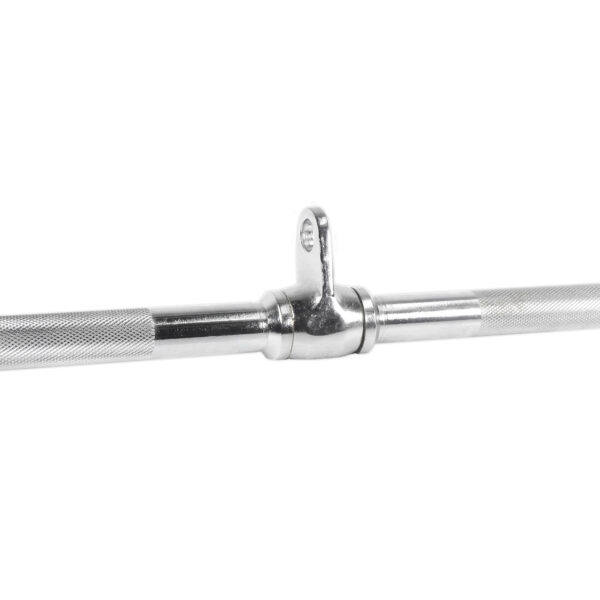 A Lat Pulldown Bar in silver metal with knurled grips and a central eyelet for cable attachment.
