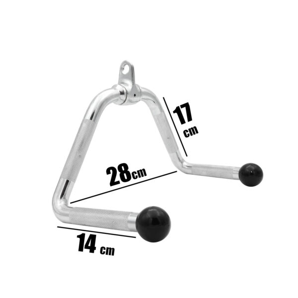 The Multi Purpose Exercise Bar is a metal handlebar for gym equipment, featuring two black spherical grips. It has a triangular shape with dimensions of 28 cm across the top, 14 cm at the base, and a height of 17 cm.