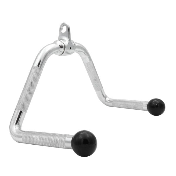 The Multi Purpose Exercise Bar is a steel, V-shaped tricep press down bar with knurled grips for stability and black rubber end caps for safety, designed for cable machines in fitness workouts.