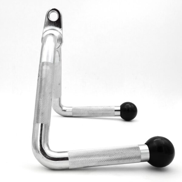 The Multi Purpose Exercise Bar is a metal tubular structure with two arms, each ending in a rounded black rubber tip. It features a textured grip and one arm has a looped top. The device sits on a white surface.