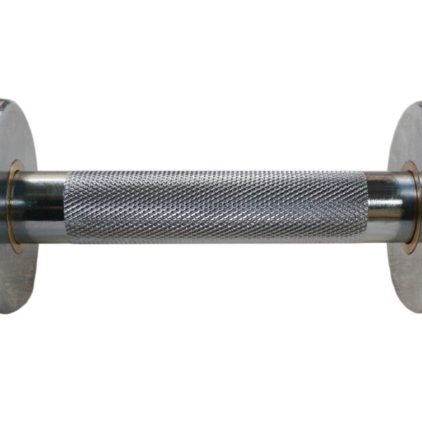 The Power Maxx Olympic Dumbbell Handles feature a close-up of a knurled metal handle for better grip, designed for weightlifting and exercise, with circular metal ends.