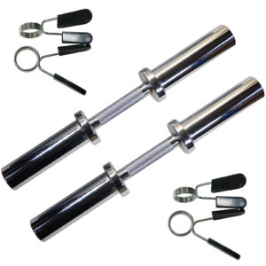Two Power Maxx Olympic Dumbbell Handles with shiny metal and knurled grips for secure handling are displayed. They come with four black and silver spring collars for securing weight plates, suggesting readiness for a workout.