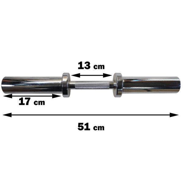 The Power Maxx Olympic Dumbbell Handle is a silver metal design featuring a 13 cm grip width, 17 cm length on each side, and a total length of 51 cm with a knurled texture for better grip.
