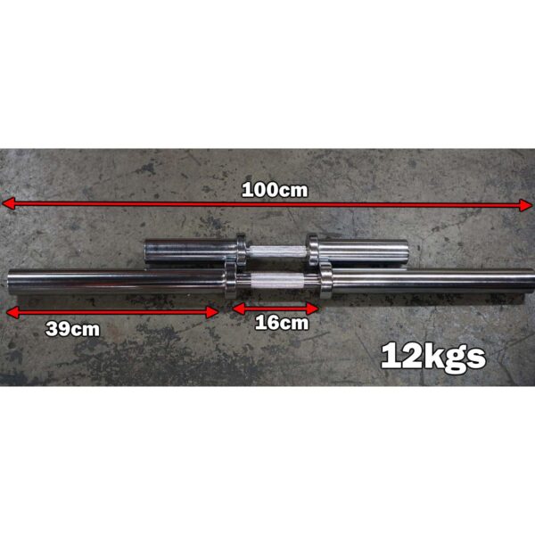 The Power Maxx Big Olympic Dumbbell Handle is a steel barbell with a total length of 100 cm, sections measuring 39 cm and 16 cm, and weighs 12 kg. Its displayed on a textured concrete floor.