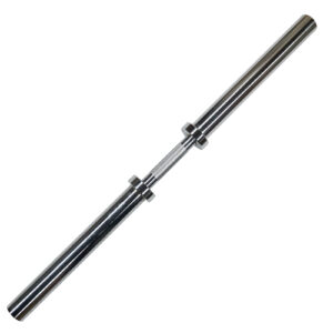A Power Maxx Big Olympic Dumbbell Handle, shiny and silver in color, rests against a white background. It features a straight center with evenly spaced grips and sections at both ends for attaching weight plates.