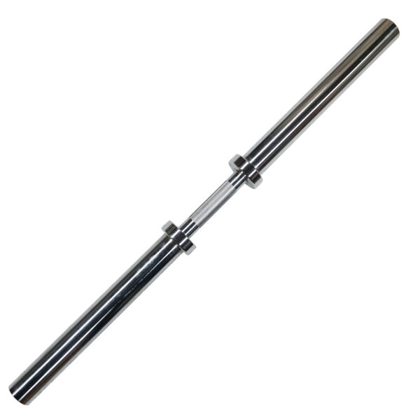 A Power Maxx Big Olympic Dumbbell Handle, shiny and silver in color, rests against a white background. It features a straight center with evenly spaced grips and sections at both ends for attaching weight plates.