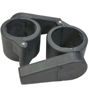 A pair of black plastic swivel cup holders with mounting brackets, designed for attachment to surfaces like Power Maxx Olympic Bar Clamps, featuring a cylindrical shape and a hinged arm for easy adjustment.