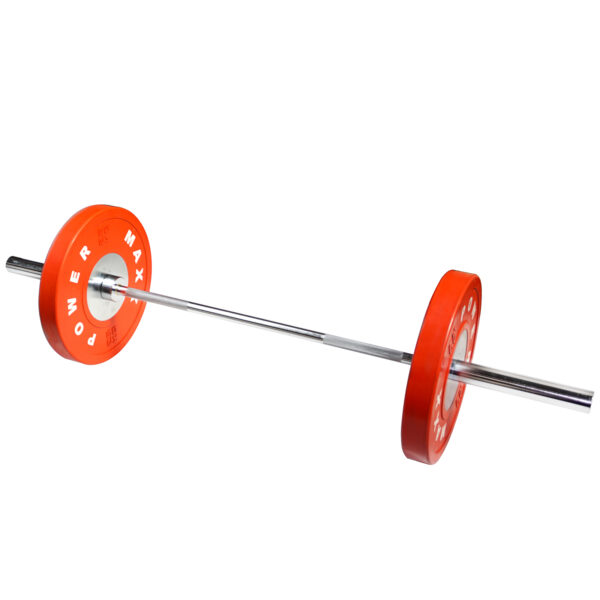 The Power Maxx Olympic Hip Thrust Barbell, with distinctive red weight plates on both ends, is displayed against a pristine white background.