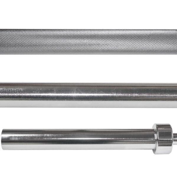 Close-up of the Power Maxx Olympic Hip Thrust Barbell shows sections with knurling for grip at the top, a smooth middle section, and a thicker bottom end designed to securely hold weight plates.