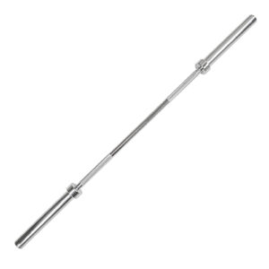 The Power Maxx Olympic Hip Thrust Barbell, featuring a long metallic design with smooth cylindrical ends, is displayed on a white background.