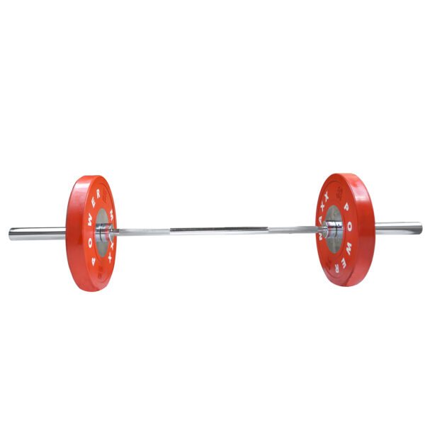 The Power Maxx Olympic Hip Thrust Barbell, featuring vibrant red weight plates on each end, is set against a plain white background.