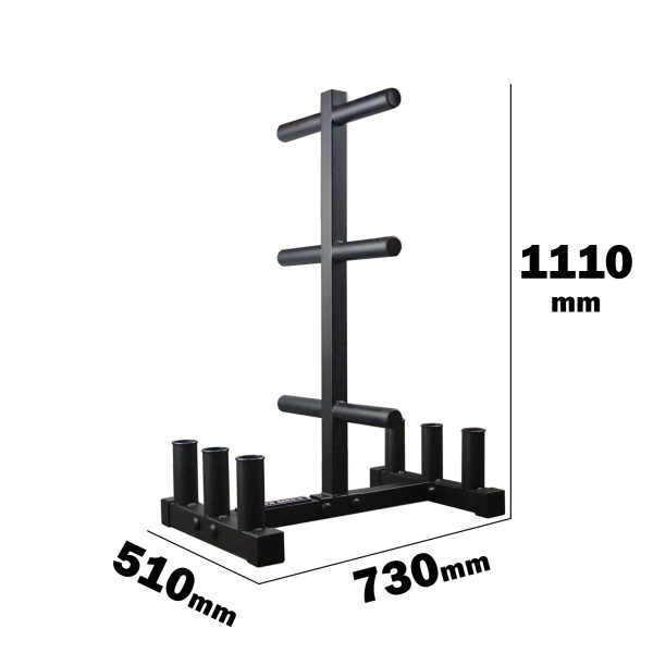 A black, vertical weight plate rack with five storage pegs. Dimensions are shown: 1110mm tall, 730mm wide, and 510mm deep. Suitable for organizing weight plates in gyms or fitness spaces.