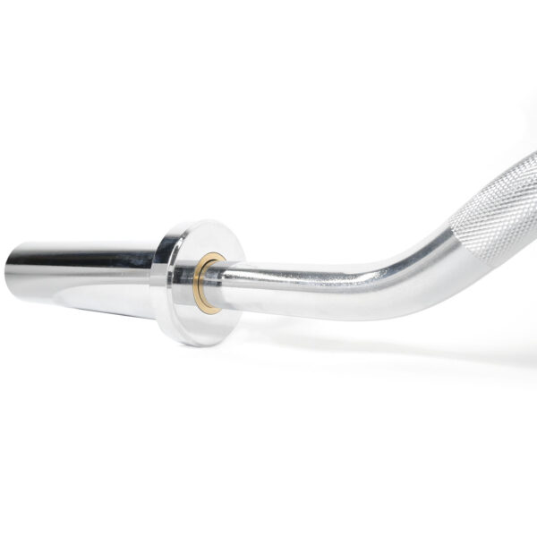 Close-up of a silver Olympic Super Curl Bar sleeve with knurled grip and smooth curves. A gold-colored ring at the connection point adds a sleek, modern touch against a plain white background.
