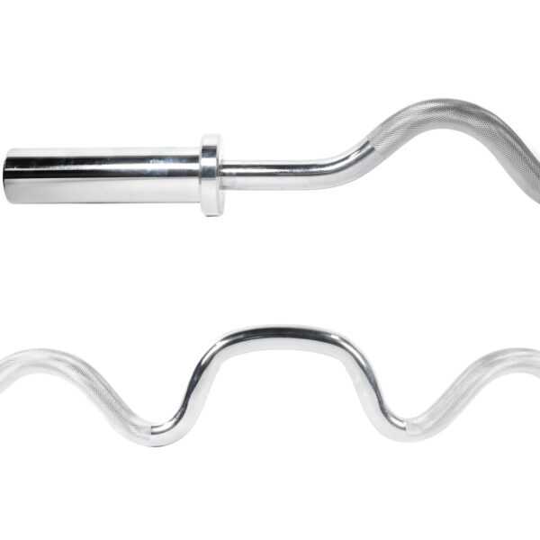 Close-up of the Olympic Super Curl Bar with a shiny, metallic finish and zigzag pattern. Its smooth grip area makes it ideal for exercises like bicep curls and tricep extensions.