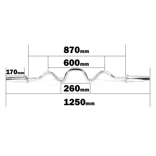 The Olympic Super Curl Bar features a sleek chrome finish with a total length of 1250mm, main curvature of 870mm, inner section of 600mm, grip area of 260mm, and polished ends measuring 170mm for optimal performance.