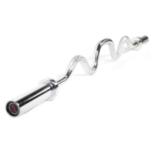 The Olympic Super Curl Bar, chrome-colored with a wavy design, is ideal for lifting exercises. It features spinning sleeves at both ends for easy weight plate attachment and showcases a shiny finish.