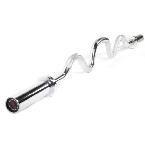 The Olympic Super Curl Bar, chrome-colored with a wavy design, is ideal for lifting exercises. It features spinning sleeves at both ends for easy weight plate attachment and showcases a shiny finish.