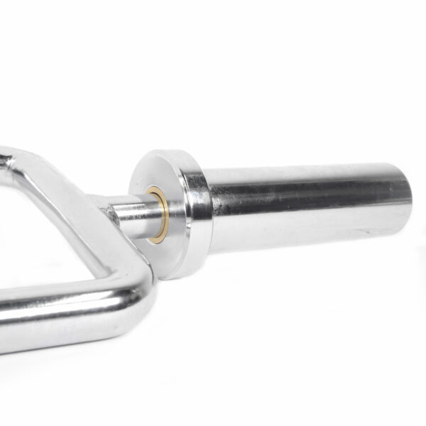 Close-up of a Power Maxx Olympic Tricep Barbell with a shiny silver metal finish. The cylindrical design includes a hexagonal grip, ideal for weightlifting exercises like deadlifts and shrugs.