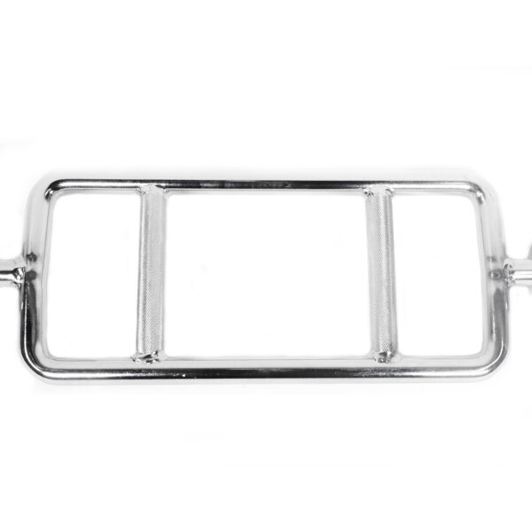 The Power Maxx Olympic Tricep Barbell, silver and rectangular with two center grip handles, is displayed horizontally on a white background.
