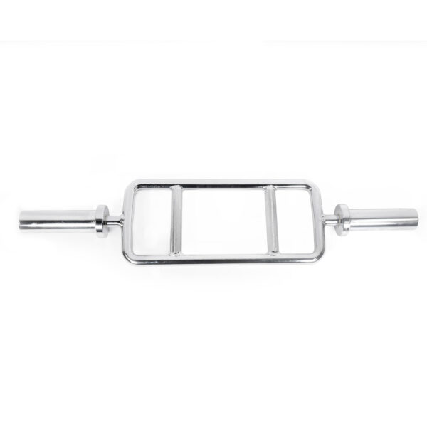 A close-up view of the Power Maxx Olympic Tricep Barbell on a white background, showcasing its silver hexagonal design with a rectangular grip center and cylindrical ends for weight attachment.