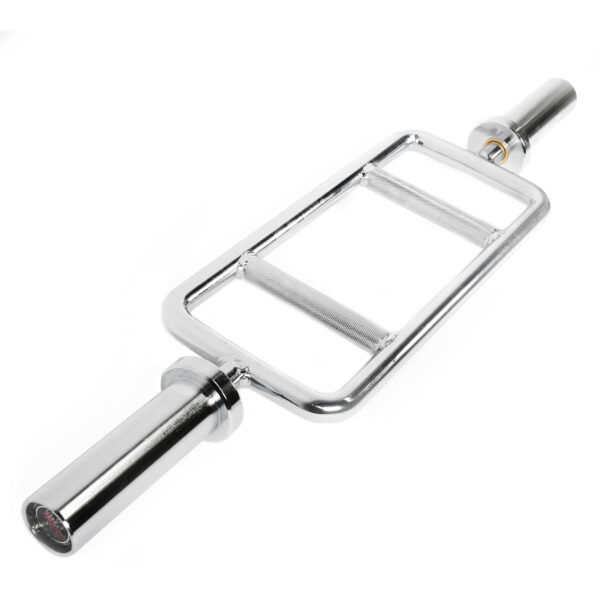 The Power Maxx Olympic Tricep Barbell is a chrome-plated bar with a rectangular center and two parallel grip handles. It includes cylindrical sleeves at each end for attaching weight plates, making it ideal for strength training and fitness exercises.