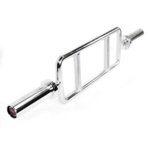 The Power Maxx Olympic Tricep Barbell is a silver, rectangular weightlifting bar featuring two parallel grips in the center, perfect for tricep extensions and hammer curls.