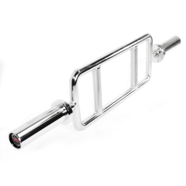 The Power Maxx Olympic Tricep Barbell is a silver, rectangular weightlifting bar featuring two parallel grips in the center, perfect for tricep extensions and hammer curls.