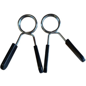 Two Olympic Spring Collars with black plastic handles are displayed on a pristine white background, highlighting their sleek and functional design for securing weight plates on a barbell.