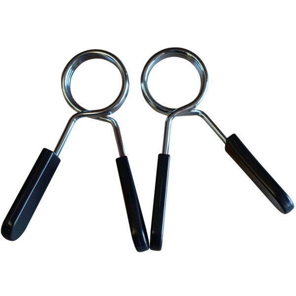 Two Olympic Spring Collars with black plastic handles are displayed on a pristine white background, highlighting their sleek and functional design for securing weight plates on a barbell.